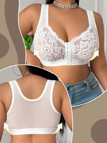 Plus Size Minimalist Solid Color Front Closure Lace Patchwork Wireless Comfortable Bra - White - View 2