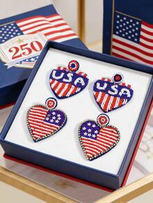 Pendientes con colgante de corazón hecho a mano en rojo, blanco y azul, inspirados en la bandera estadounidense, una declaración de moda para mujeres, adecuados para el 4 de julio, Día de la Independencia y otras festividades - Multicolor - Ver 2