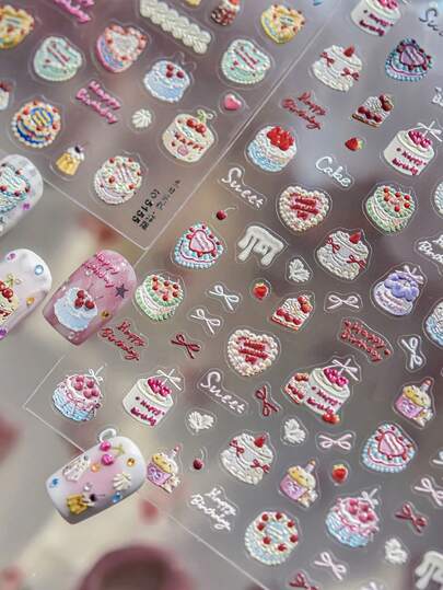 1pc 5D Strawberry Cake Nail Stickers Embossed Exquisite Cartoon Dessert Adhesive Nail Art Decals Decoration Accessories