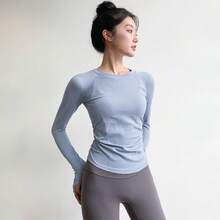 新作スリムフィットヨガトップス、女性用ラウンドネック、タイトフィットスポーツ長袖、ランニング速乾性ピラティストレーニングフィットネスウェア - ミスティブルー - チェックする 3