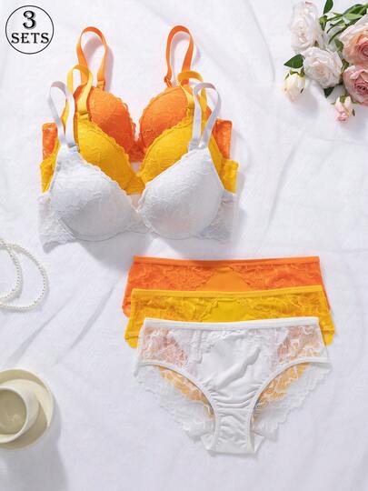 3pcs/Set Women's White, Yellow And Orange Lace Bra And Panty Set, Colorful Wireless 3/4 Cup Lift Bra Set, Sexy Breathable Soft Stretchy Lingerie, Suitable For Daily Wear, Sleepwear And Casual
