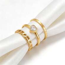 3件套 时尚简约不锈钢镂空心形镶钻情侣戒指，适合男女日常佩戴、节日或约会礼物 - 金色 - 查看 6