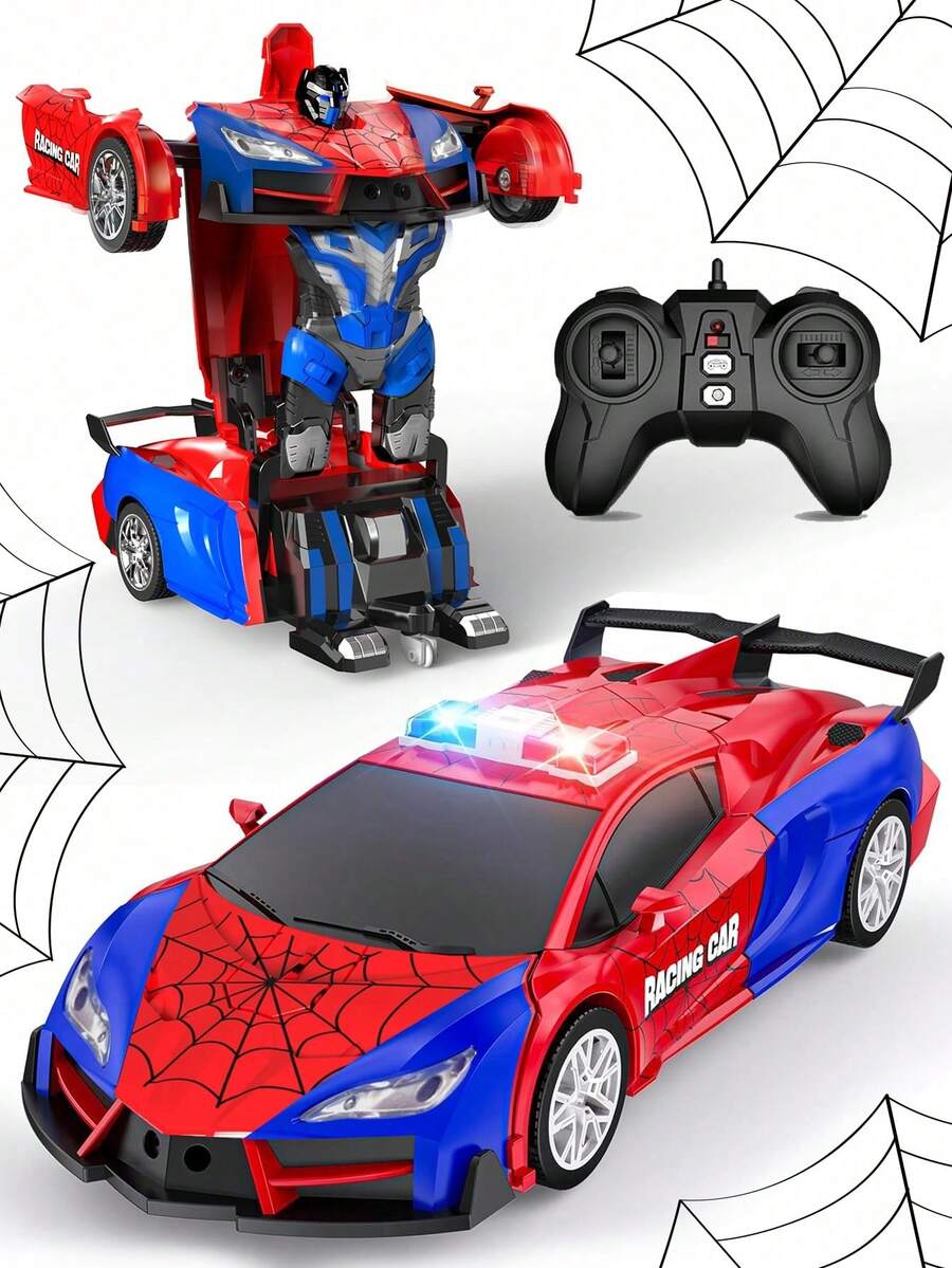 1辆遥控变形车，2.4GHz 1:18比例遥控蜘蛛变形机器人车玩具，二合一机器人玩具车，一键变形为闪光机器人，前进/后退/左转/右转，高速360°旋转，是3-12岁男孩女孩生日、圣诞节、万圣节、复活节、感恩节、新年、儿童节的理想礼物。