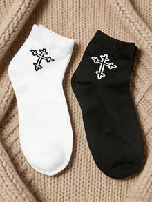 2/8/10 Pairs Men's Cross Design Fashionable Casual Versatile Mid-Calf Socks - Black and White - View 8