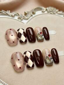 10pcs Handmade Wearable Nails, Burgundy Rhombus Cute Style Fake Nails, Polka Dot Rhinestone Whitening Detachable Nail Stickers - Multicolor - View 1