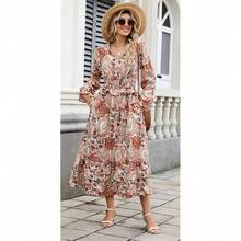 Women's Floral Midi Dress Long Sleeve V Neck Smocked Ruffle Boho Fall Dress - 紅色 - 查看 6
