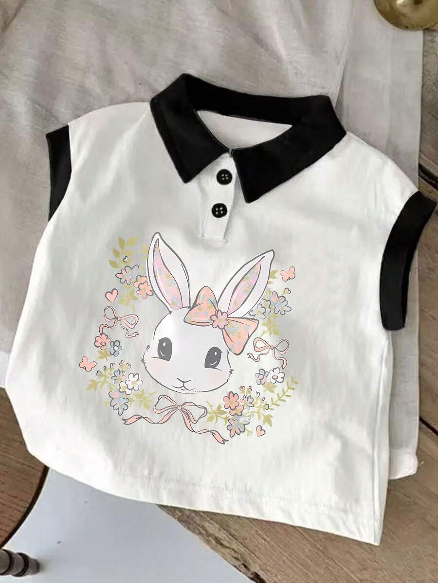 Kemeja Polo Tanpa Lengan Motif Kelinci Lucu dan Bunga Kecil untuk Remaja Putri, Nyaman untuk Musim Semi/Panas. - Hitam - View 1