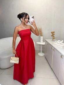 Women's Long Strapless Dress With Back Tie In Elegant Premium Tailoring - 紅色1 - 查看 3