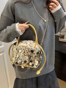 时尚休闲亮片水桶包，复古优雅单肩斜挎包 - 金色 - 查看 3
