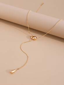 1pc Elegant Y-Shaped Necklace For Women, Fashion Teardrop Pendant Snake Chain Tassel Long Necklace Accessory - Gold - View 5