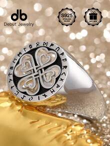 1pc S925 Sterling Silver Nordic Viking Rune Symbol Ring, Celtic Knot Four-Leaf Clover Vintage Punk Style Ring For Men, Hollow Celtic Heart Design, Suitable For Daily Wear And Parties, Gift Box Included - Four-leaf Clover Kuhn Rune - View 4