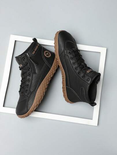 High-Top Metal Eyelets Lace-Up Side Zipper Men's Leather Riding Boots, Outdoor Sports Shoes, Fashion High-Top Shoes, Hiking Boots