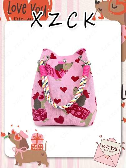 XZCK 夏季度假风时尚新款腊肠犬图案手提包，心形搭扣设计，可作手提包或腕包，轻便可折叠，适合日常聚会、派对、购物，也是送给朋友的理想礼物。