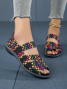 Sandalias planas casuales cómodas y transpirables con diseño de punta abierta, banda elástica hueca de moda, suela antideslizante, versátiles para uso deportivo o laboral, zapatos tejidos a mano para mujer - negro colorido - Ver 2