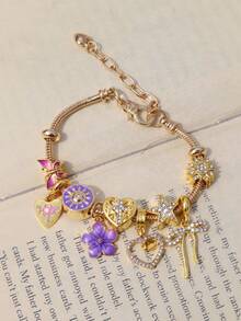 1pc Purple Sakura Sunflower Charm Bracelet, 1pc Heart HOPE Slogan Bow Bracelet, 1pc Starfish Butterfly Animal Bracelet, 1pc Heart Cross Bracelet - Gold - View 8