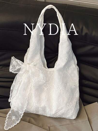 1 Túi xách ren trắng thêu, túi đeo vai thắt nơ thanh lịch, túi xách cỡ lớn lãng mạn dành cho nữ, thích hợp đi mua sắm và du lịch hàng ngày.