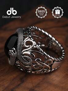 1pc S925 Silver Snake Ring With Black Agate, Vintage Gothic Style Hollow Floral Design Ring, Suitable For Daily Wear, Party, Gift For Boyfriend, Comes With Gift Box - Snake-shaped Black Agate - View 4