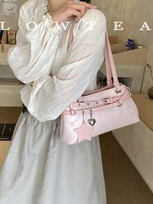 low tea 1 pieza Bolso de hombro de unicolor de piel de PU de baja altura, bolso cuadrado de moda retro para mujer con doble asa superior, cierre con cremallera, adecuado para viajes, compras, citas, regalo para mujer, excelente para ir al trabajo, actividades al aire libre, viajes, senderismo - Rosa - Ver 7