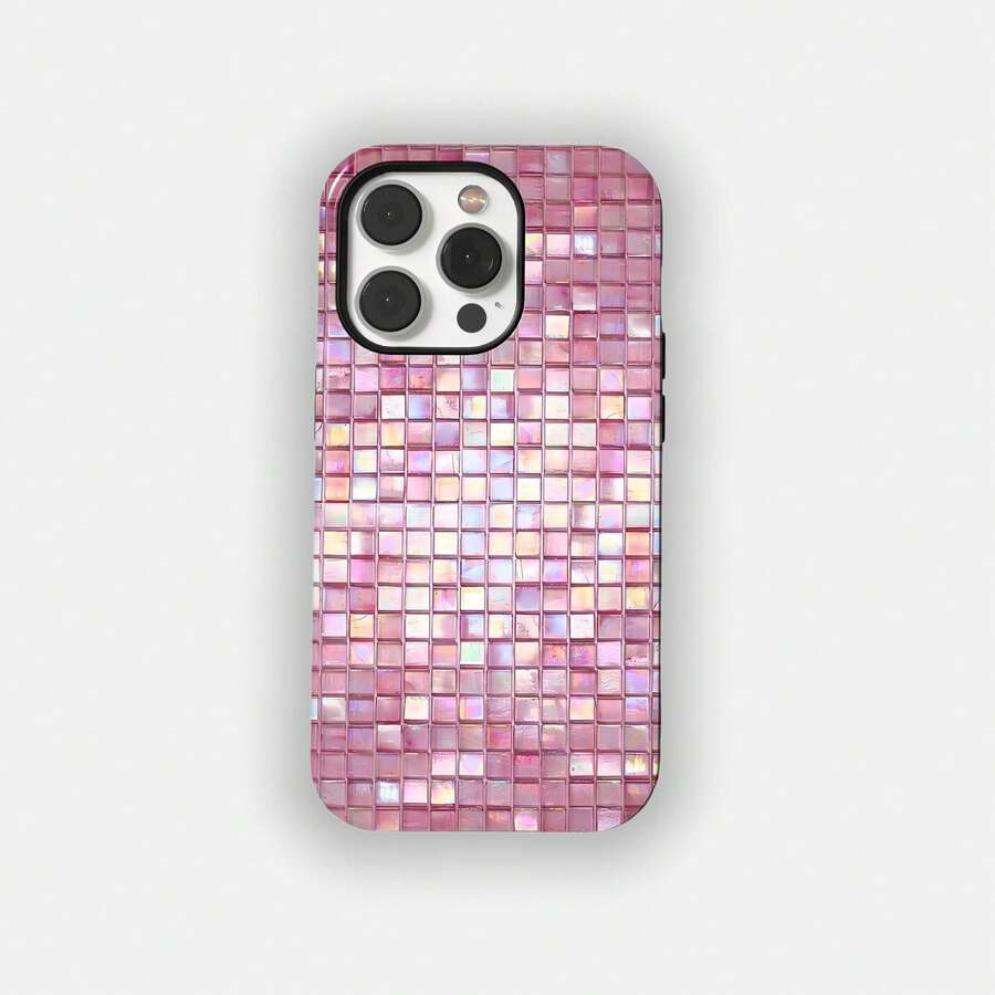 Pink Mosaic Tile Pattern Phone Case, Abstract Ceramic Tile Design, Suitable For IPhone 17 16 15 14 Pro Max Plus 13 12 11, Galaxy S26 S25 S24 Plus Ultra - Pink - View 1