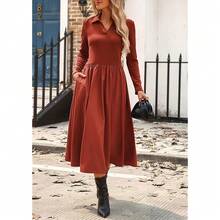 Kasin Women's Fall Long Sleeve Midi Dress 2025 Casual Polo V Neck Ribbed Knit A Line Flowy Work Dresses With Pockets - Red - View 10