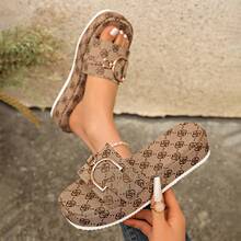 1 par de sandalias planas deslizantes de unicolor elegante con cadena de metal y tela, adecuadas para uso al aire libre en primavera y otoño - Camel - Ver 2