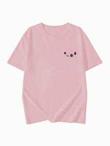 Japanese Style Women's Loose Casual Round Neck Letter & Puppy Print Short Sleeve T-Shirt, Versatile For Spring/Summer Pink - Pink - View 5