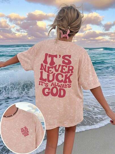 复古水洗“上帝永恒”印花常规款女式T恤，宗教主题