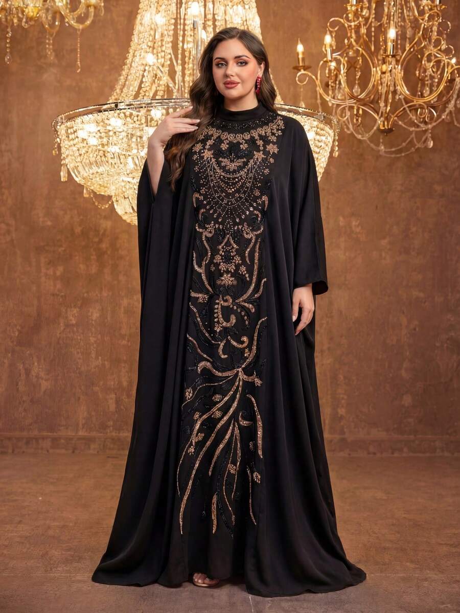 UNITHORSE 女士【随机裁剪】立领蝙蝠袖长款奢华高端优雅亮片蕾丝拼接哑光缎面女士睡袍连衣裙 春季黑色 - 黑色 - 查看 1