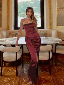 1pc Solid Color Elegant Sexy Slit Knit Fabric Dress, Suitable For Party, Resort, Spring/Summer - Burgundy - View 3
