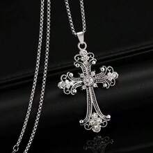 1pc Baroque Cross Necklace, European And American Hip-Hop Retro Style Inlaid Large Cross Stainless Steel Necklace, Men's Sweater Chain And Women's Daily Accessory - Cross - View 1