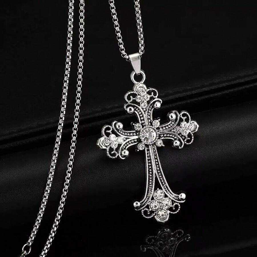 1pc Baroque Cross Necklace, European And American Hip-Hop Retro Style Inlaid Large Cross Stainless Steel Necklace, Men's Sweater Chain And Women's Daily Accessory - Cross - View 1