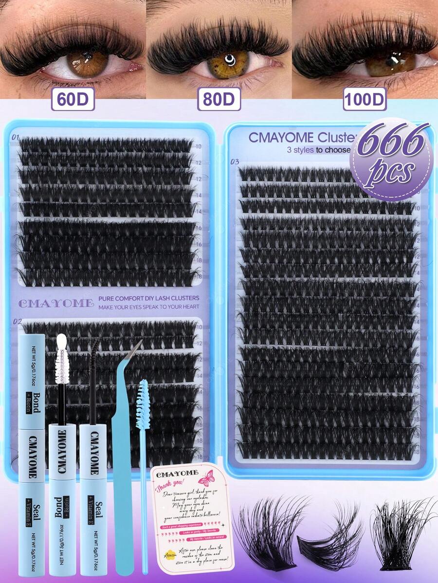 720/666 片 D 卷合成睫毛嫁接套装，包含 30D + 40D + 50D / 60D + 80D + 100D，可打造不同浓密度的纤长柔软睫毛簇。