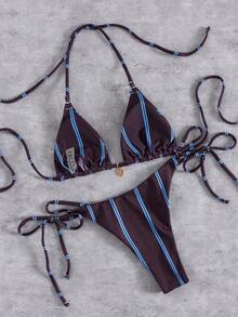 Bộ bikini dự tiệc hở lưng, dây mảnh, có đệm mềm mại, họa tiết sọc kim loại, trang trí mặt dây chuyền, thích hợp cho mùa hè đi biển và nghỉ mát, dành cho nữ giới. - Bánh bao mận - Xem 5