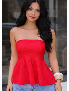 Strapless Peplum Blouse In Lace, Casual Chic Style - Red - View 1