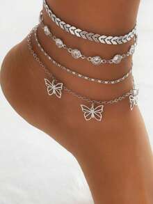 4pcs/Set Women's Fashion Minimalist Jewelry, Multi-Layer Metal Airplane Chain, Hollow Butterfly Anklet - Vàng - Xem 3