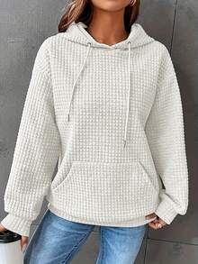 Must-Have For The New Year Plus-Size Solid Color Waffle Hoodie, Casual Pocket Drawstring Long-Sleeved Hooded Sweatshirt, Women's Plus-Size Clothing, Outdoor Sweatshirts, Local Warehouse Direct Delivery, Girls' Fashionable Tops Waffle-Knit Hoodie, Oversized Pullover Hooded Top Fabric Texture: Waffle-Knit Textured Fabric, Soft Warm Knit Material Design Details: Hood With Drawstring, Front Kangaroo Pocket, Ribbed Trim (Cuffs/Hem), Oversized Relaxed Fit Styling Style: Vibrant Casual Style, Daily Street Relaxed Vibe 3D Textured Fabric Layering Effect - 白色 - 查看 1