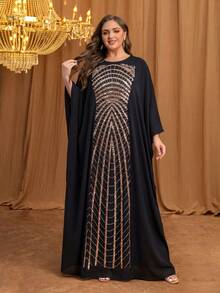 UNITHORSE 女士圆领蝙蝠袖长连衣裙，新款奢华高端优雅亮片蕾丝拼接哑光缎面女士睡袍连衣裙 黑色 - 黑色 - 查看 2