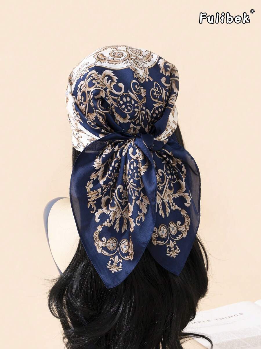 1 chiếc khăn quàng cổ giả lụa in họa tiết, đa năng dùng làm băng đô/khăn trùm tóc, phù hợp sử dụng hàng ngày, đi biển, đi nghỉ mát. - Màu xanh hải quân - Xem 1