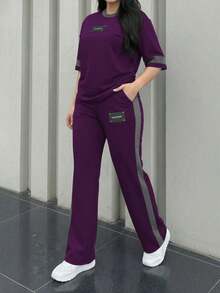 2pcs Women's Spring/Autumn Round Neck Short Sleeve T-Shirt And Elastic Waist Loose Pants Set, Casual Daily Wear Summer - 深紫色 64 - 查看 4