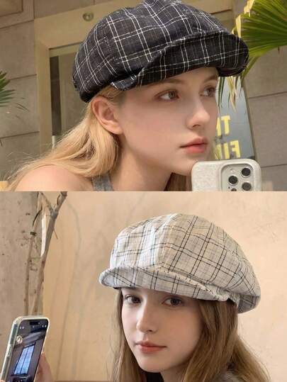 1 chiếc mũ beret - Mũ lưỡi trai phong cách retro nghệ thuật | Thiết kế kẻ caro 3D ngoại cỡ tương phản, giúp thon gọn khuôn mặt & phong cách thường ngày, đa năng | Phụ kiện thiết yếu phong cách nghệ thuật dành cho nữ trong các chuyến đi chơi mùa xuân/thu - Mang hơi hướng cổ điển | Thoáng khí, yếu tố mũ nghệ sĩ Nhật Bản