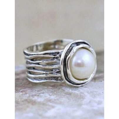 1pc Bohemian Style Vintage Silver Faux Pearl Women's Ring, Suitable Wedding, Engagement, And Daily Wear OA1O