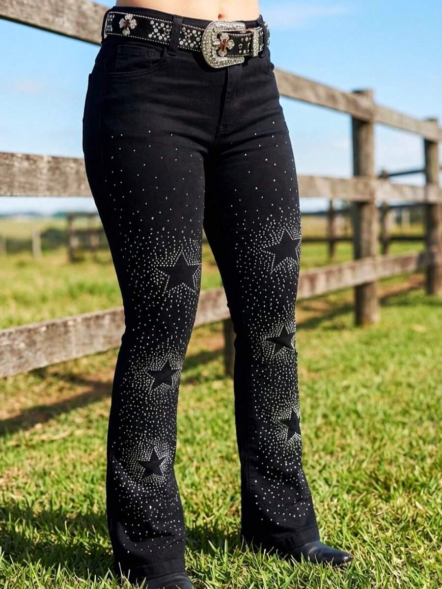 Luxury Women's Country Flare Jeans, High Waist With Glitter, Premium Line, Rodeo, Horseback Riding, West - Estrellado - Negro - Ver 1