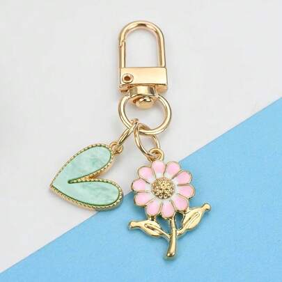 Llavero con forma de corazón de crisantemo rosa | Accesorio de moda fácil para hombres y mujeres, aleación de zinc, ideal para parejas y regalos festivos