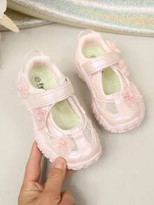 Giày thể thao Mary Jane lưới màu hồng họa tiết hoa cho bé gái, giày thể thao đế dày có khóa dán cho trẻ em, giày công chúa thoáng khí mùa hè cho bé gái. - Hồng - Xem 2