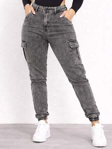 Women's High-Waisted Cargo Jeans, Jogger Style, Skinny, Shaping, Casual With Side Pockets - 大理石紋水洗 - 查看 14