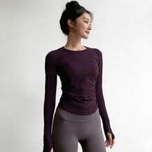 新作スリムフィットヨガトップス、女性用ラウンドネック、タイトフィットスポーツ長袖、ランニング速乾性ピラティストレーニングフィットネスウェア - ミスティブルー - チェックする 2