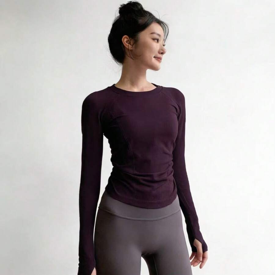 新作スリムフィットヨガトップス、女性用ラウンドネック、タイトフィットスポーツ長袖、ランニング速乾性ピラティストレーニングフィットネスウェア