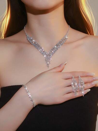 4pcs Women Jewelry Set: Tassel Necklace, Earrings, Geometric Bracelet, Minimalist Geometric Design, Suitable For Bride Wedding Party Outfit