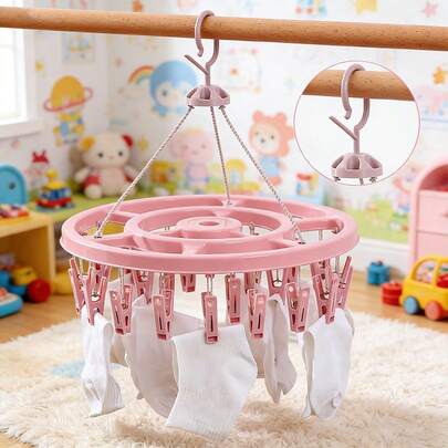 1个婴儿房圆形衣架，24个夹子，360°防风，适合悬挂内衣和袜子，多功能晾衣架，儿童袜子晾衣架，家用晾衣架，内衣晾衣夹，衣物收纳架