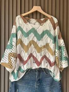 Women's Casual Vacation Style Colorblock Zigzag Print Open Knit Flare Sleeve Loose Sweater, Spring/Summer - Green - View 1